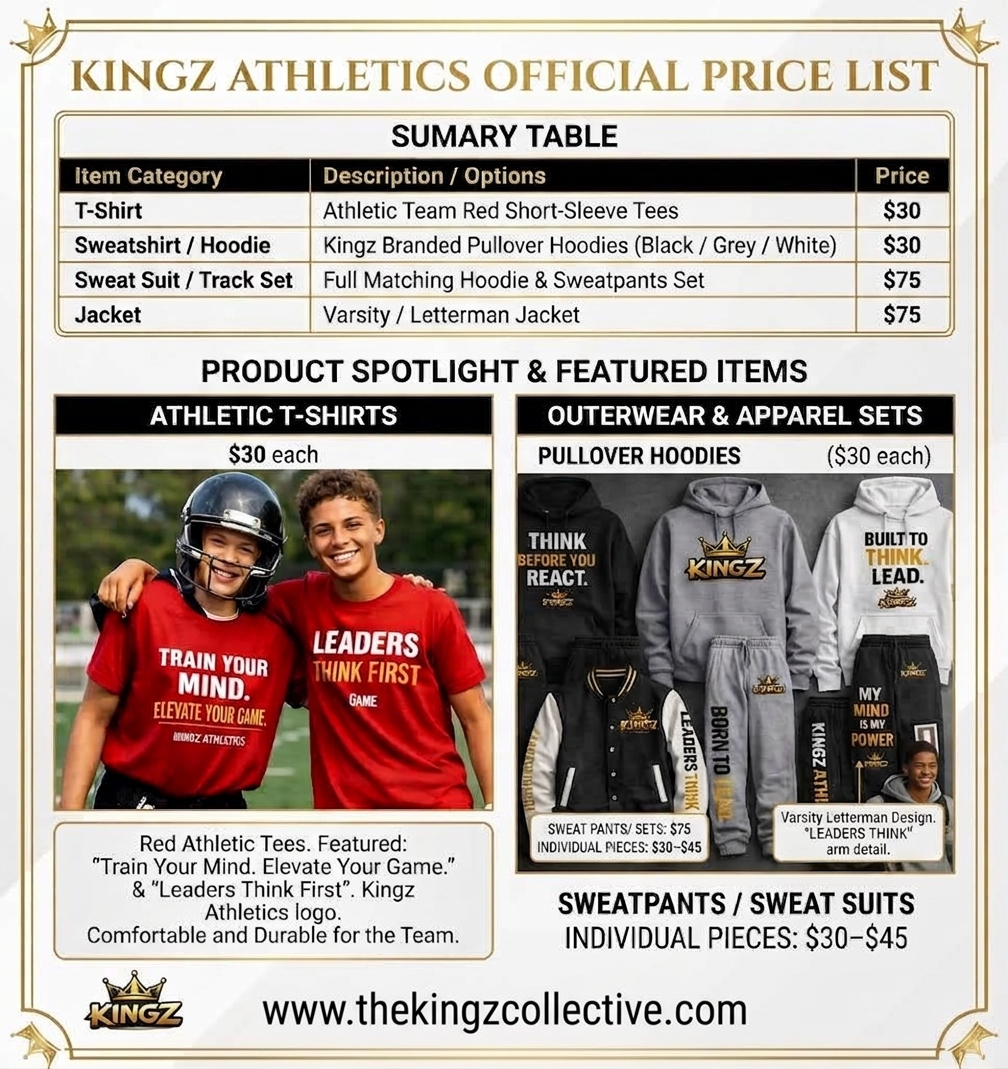 Kingz Athletics official price list with featured T-shirts, hoodies, sweat suits and varsity jackets